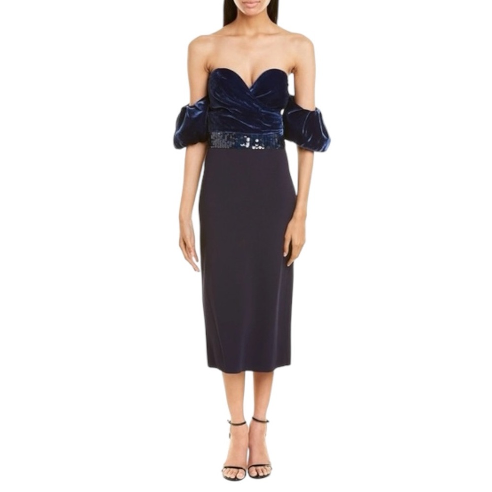 Sachin + Babi Navy Velvet Off-Shoulder Midi Dress